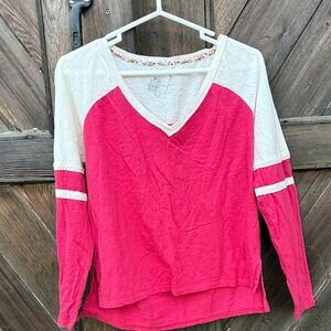 Anthropologie Pilcro Pink and Cream deep V-Neck Long Sleeve Top S
